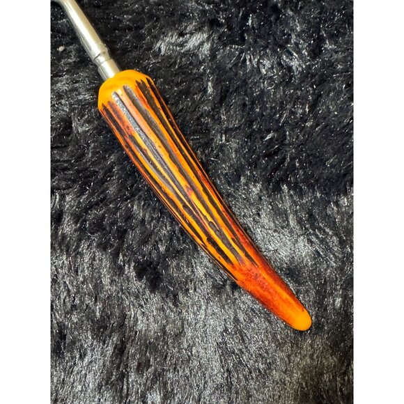 Vintage Butterscotch Bakelight Carving Fork With Orange & Black Striped Handle - Picture 3 of 6